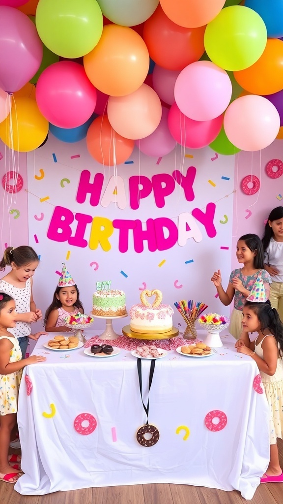 A festive donut-themed birthday party table with assorted donuts, a donut cake, and colorful decorations.